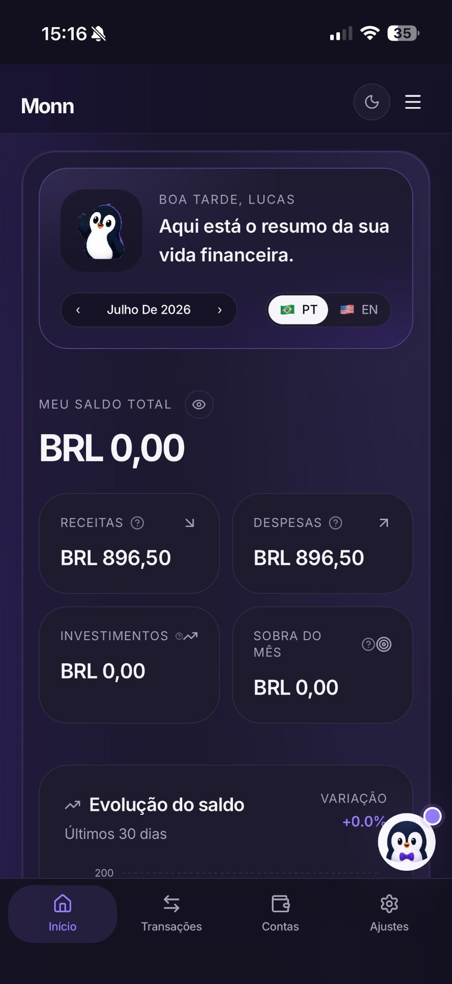 Tela do aplicativo Monn Finance